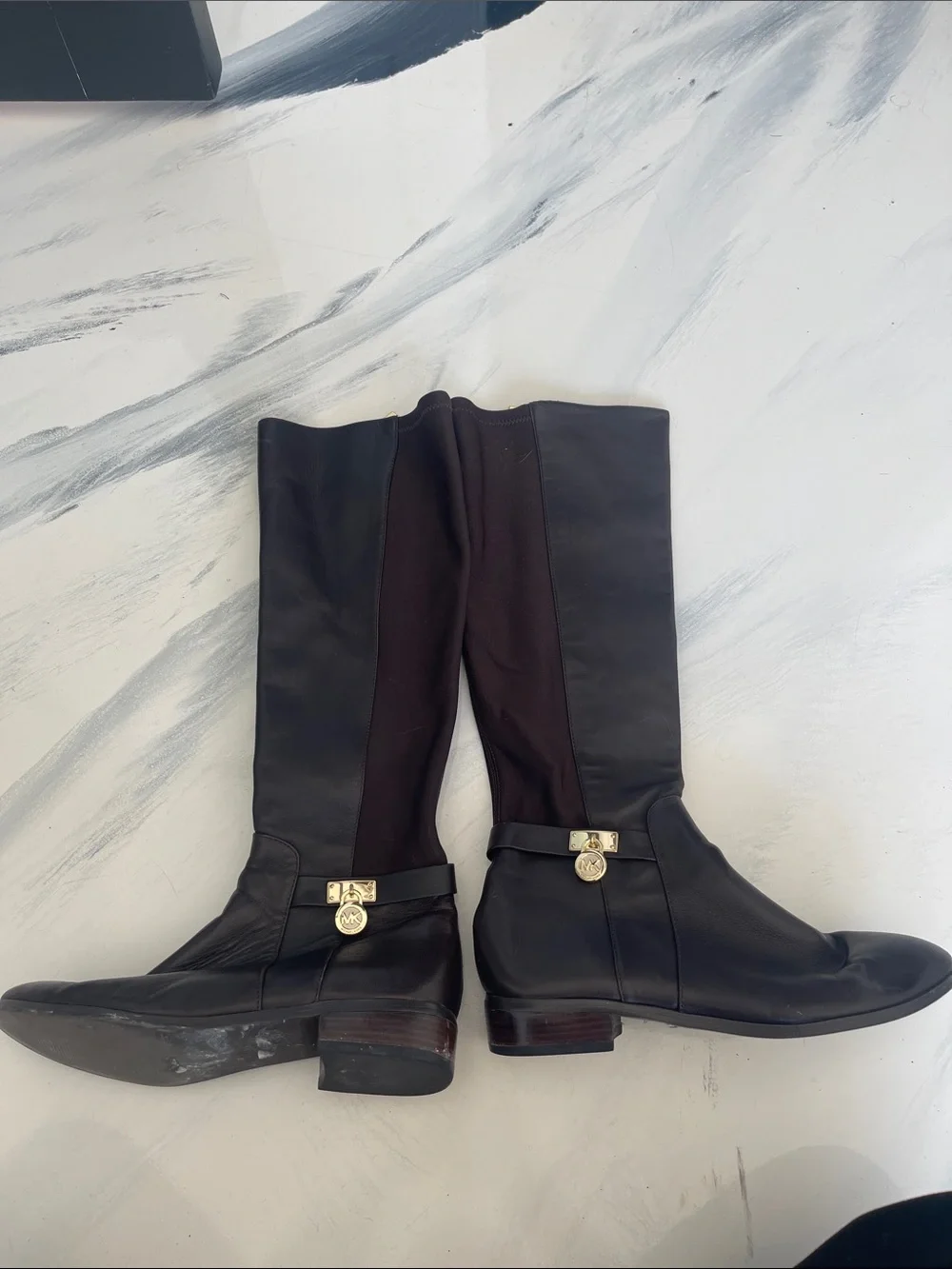 Michael Kors Black Leather Over-the-Knee Boots with Gold Accents